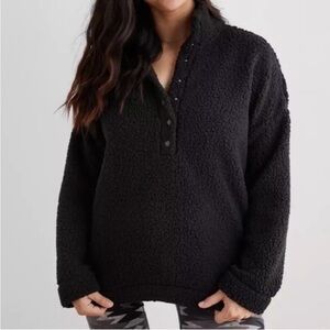 aerie S Black Fluff Quarter Snap Front Lightweight Sherpa Pullover Sweatshirt